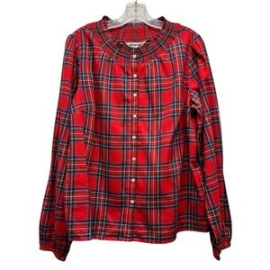 Boden Tartan Plaid Smocked Neck Long Sleeve Button Front Blouse Sz 10 Red NWT